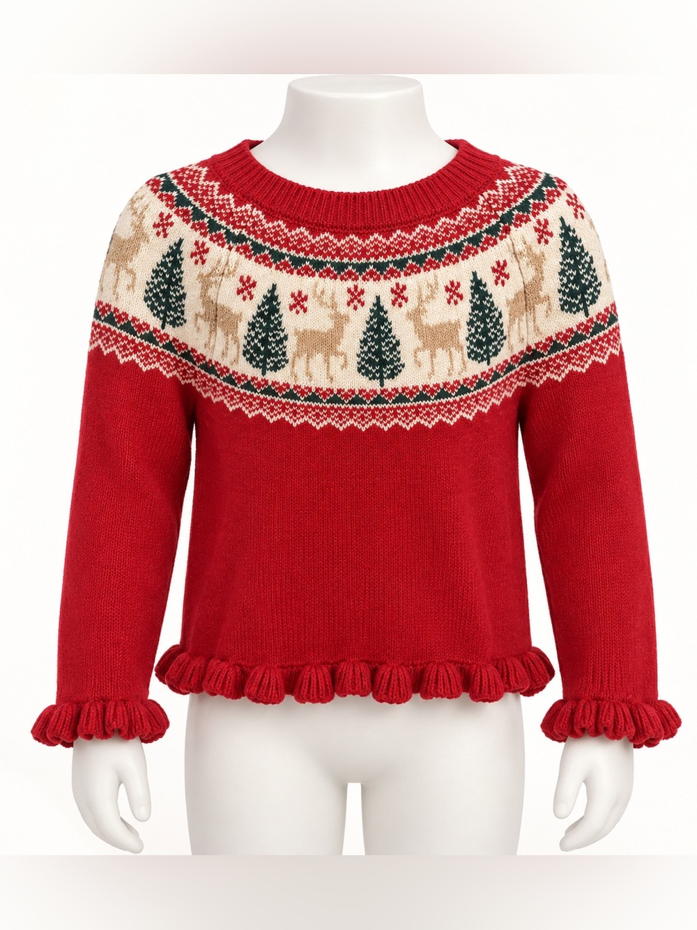 Tahari Red Fair Isle Reindeer Crewneck Sweater with Ruffle Hem